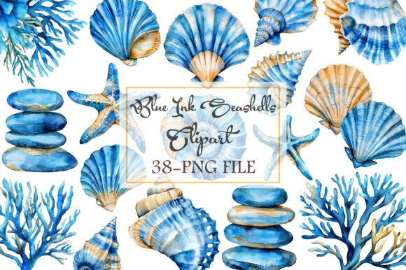 Blue Ink Seashells Clipart Bundle: Elevate Your Coastal Designs with Elegant Digital Art
