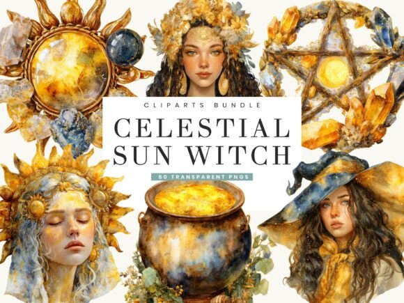 Elevating Digital Branding with Watercolor Celestial Sun Witch Clipart