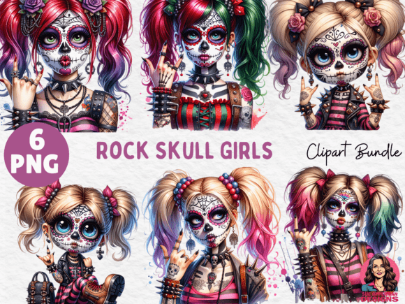 Evaluating the Rock Skull Girls 6 Clipart PNG Bundle for Creative Projects