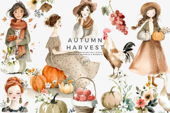 Integrating Watercolor Autumn Clipart Fall Girls Set into Your Creative Workflow