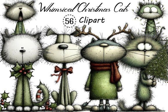 Whimsical Christmas Cats Clipart Bundle